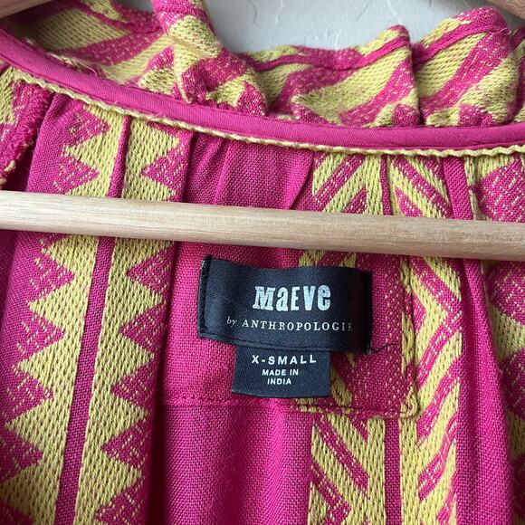 Anthropologie Maeve Dress Pink Yellow Geo Boho Print Tassel Tunic Mini Dress XS‎ - Picture 6 of 9